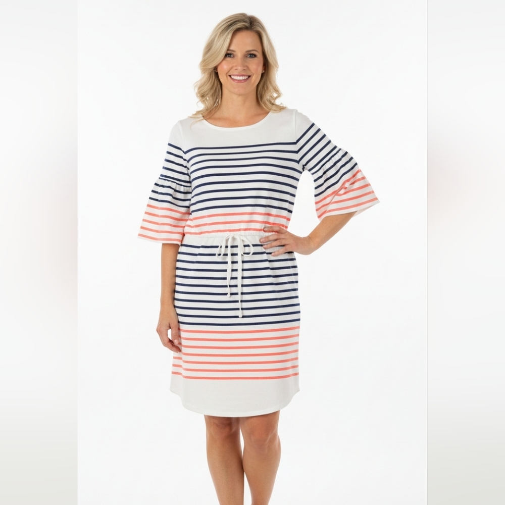 Dolan Navy and Coral Women's Striped Dress With Detail Sleeves Small